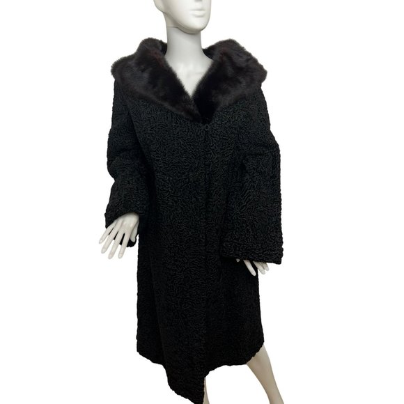 Women’s Vintage Persian Lamb Black Coat Mink Shawl Collar Bell Sleeves Below Kne - Picture 1 of 17